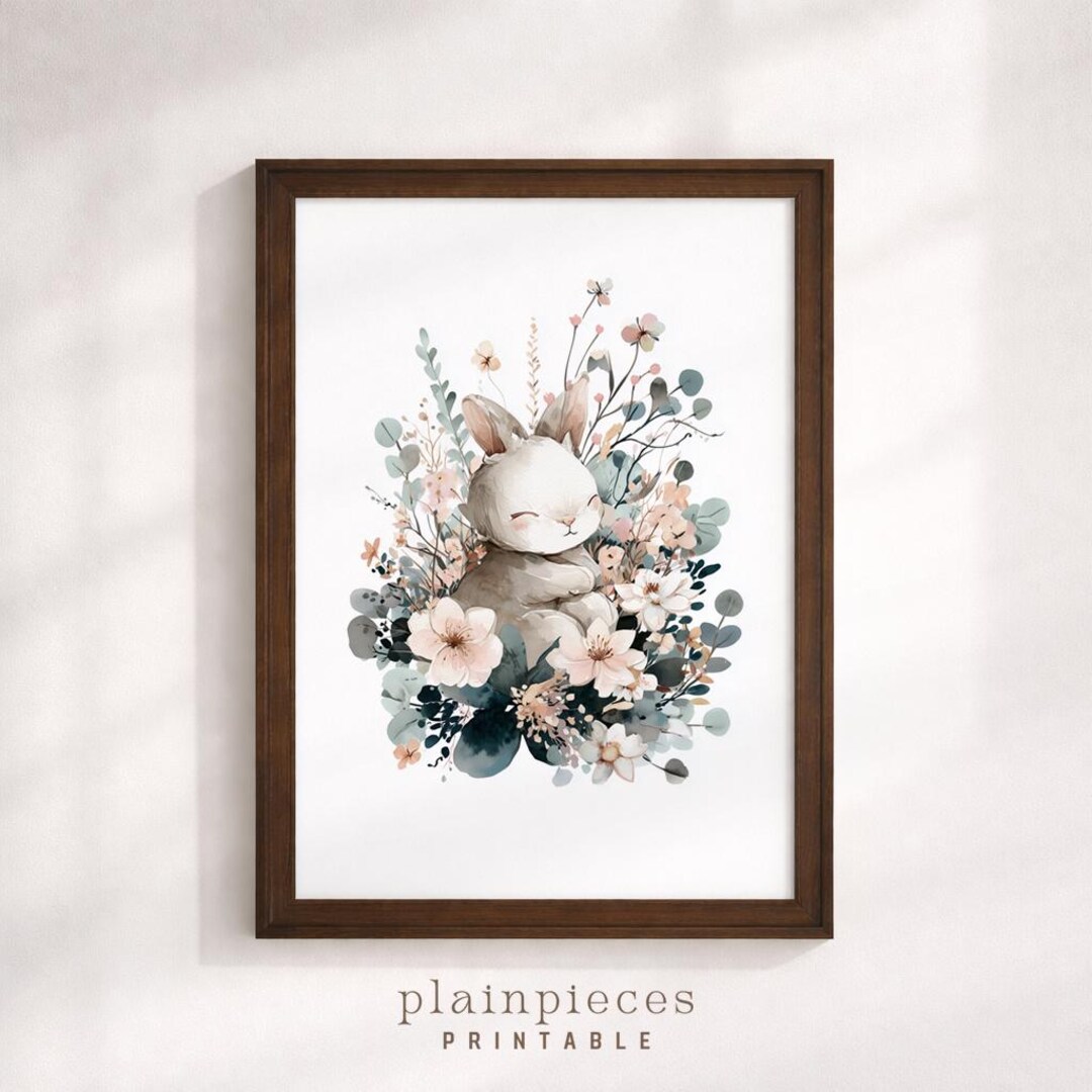 Vintage Bunny Printable Wall Art, Floral Rabbit Illustration, Nursery ...