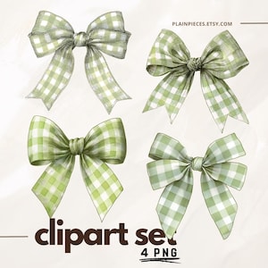 May include: Four watercolor-style bows in varying positions. Each bow features a green and white gingham pattern. The image includes the text "plainpieces.etsy.com" and "clipart set 4 PNG".