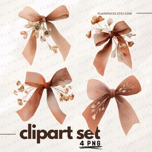May include: A set of four watercolor clipart bows in shades of brown and peach, adorned with delicate floral accents. The bows have long, flowing ribbons and are labeled as a "clipart set" with "4 PNG" files. The Etsy shop name is visible.
