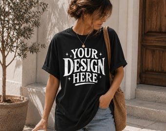 Black Comfort Colors C1717 Mockup Female Outdoor Lifestyle Tee Mockup Oversized Black Shirt Boho Fall Mockup