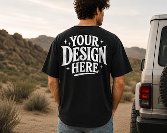 Comfort Colors 1717 Black T Shirt Mockup Men Back View Desert Streetwear Lifestyle POD Mockup