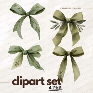 May include: A set of four watercolor clipart bows in shades of green. Each bow features a different design, with some adorned with leaf and branch accents. The text "clipart set 4 PNG" is visible at the bottom.