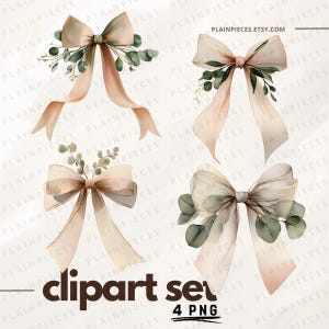 Puede incluir: Un conjunto de imágenes prediseñadas con cuatro lazos de acuarela en tonos beige y melocotón, adornados con hojas verdes de eucalipto. Los lazos tienen cintas largas y fluidas. El texto "clipart set 4 PNG" está en la parte inferior.