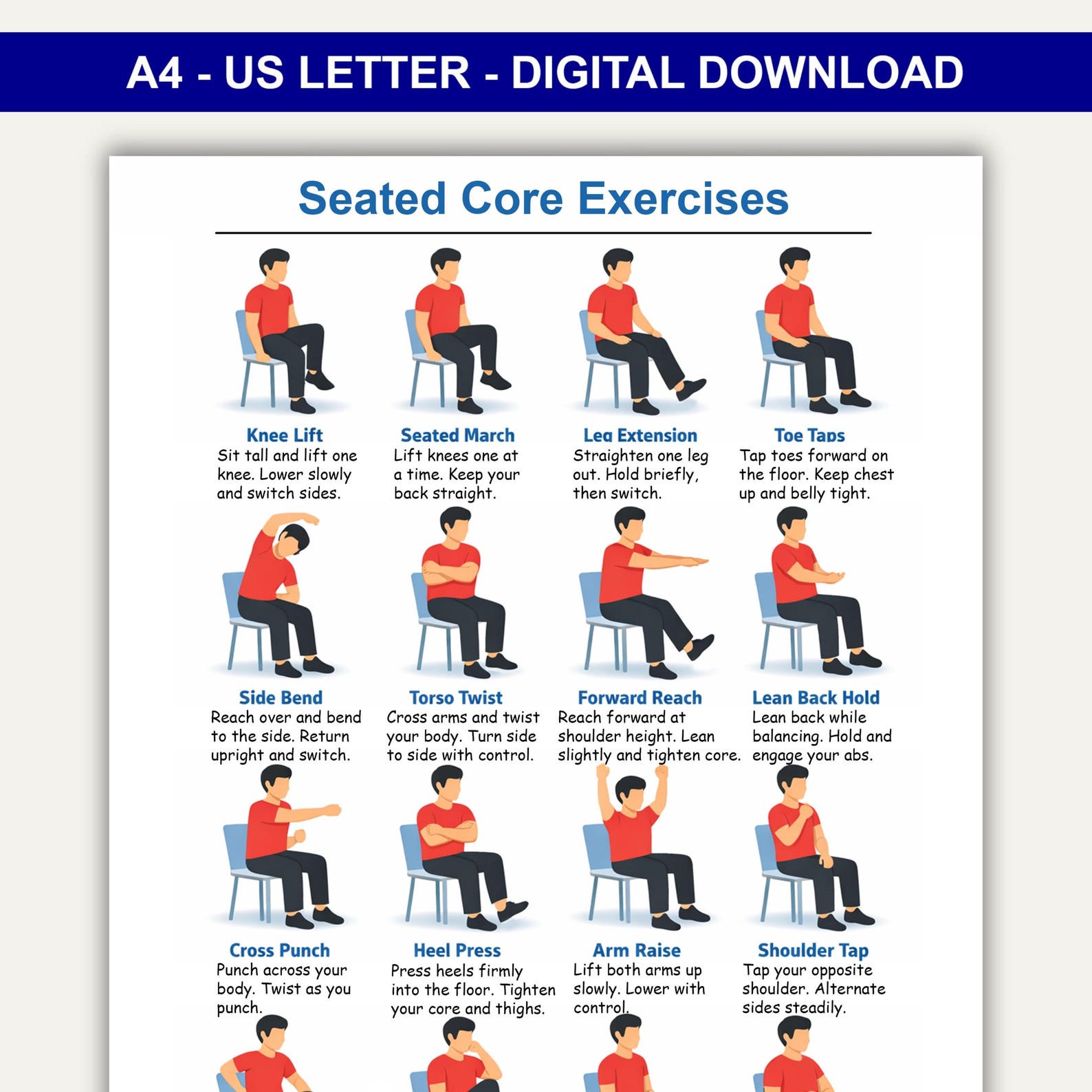 Seated Core Exercises Chart, Chair Core Exercises Poster, Core Workout ...