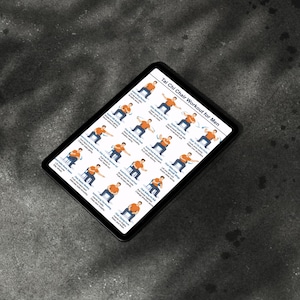 May include: A black tablet displays a Tai Chi Chair Workout for Men guide. The guide features illustrations of exercises with instructions. The tablet is on a dark gray surface.