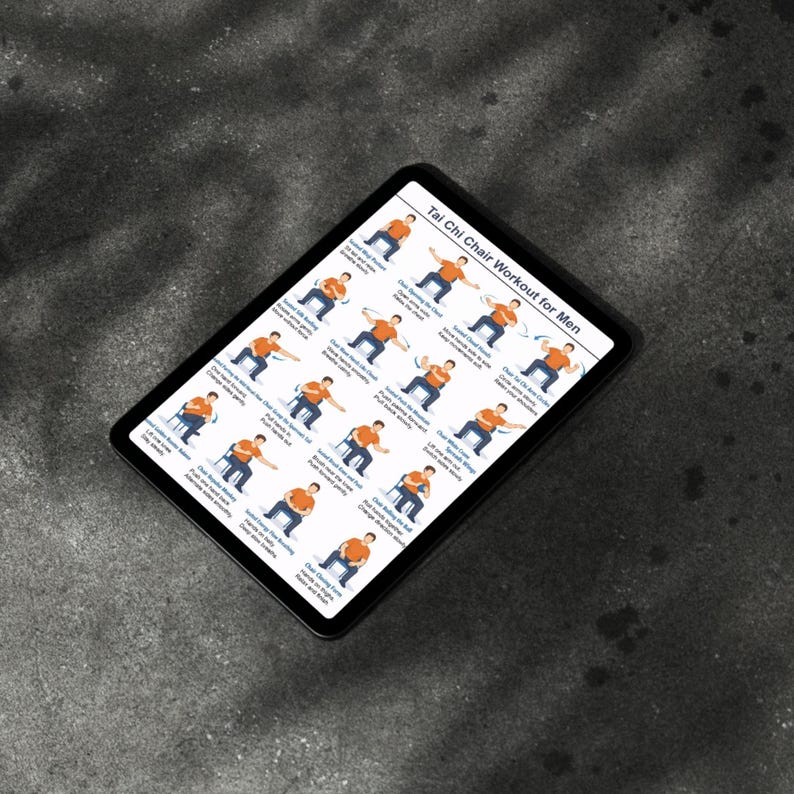 May include: A black tablet displays a Tai Chi Chair Workout for Men guide. The guide features illustrations of exercises with instructions. The tablet is on a dark gray surface.