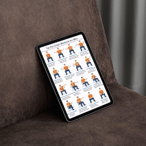 May include: A digital tablet displaying a Tai Chi chair workout guide. The screen shows illustrated exercises with instructions. The tablet is resting on a brown leather surface, suggesting a home or office setting. The text on the screen reads "Tai Chi Chair Workout for Men."