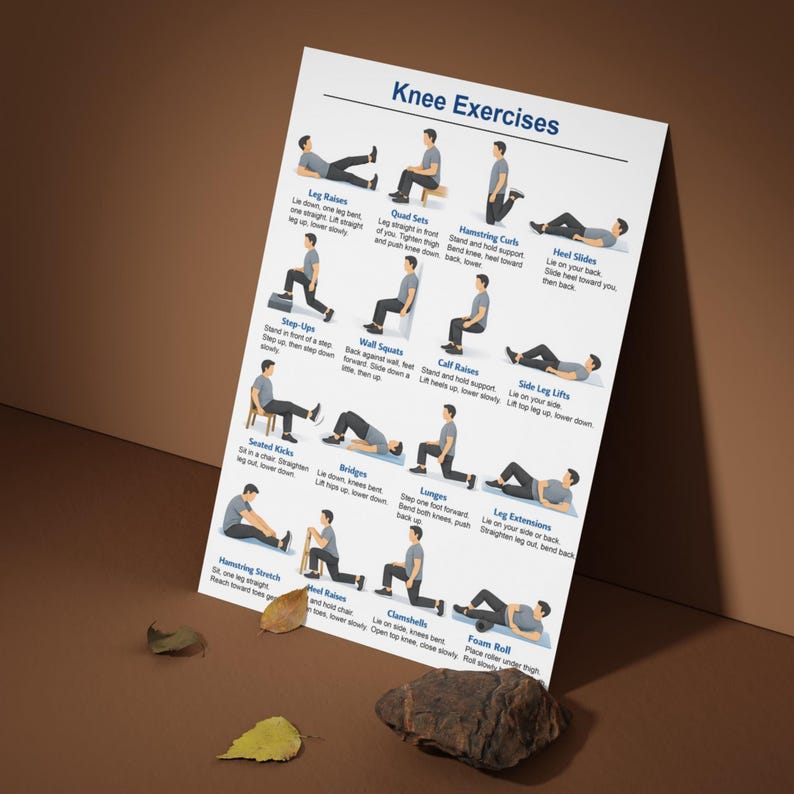 Puede incluir: Un p&oacute;ster blanco titulado "Ejercicios de rodilla" muestra ilustraciones de varios ejercicios, incluyendo elevaciones de piernas y zancadas. El p&oacute;ster est&aacute; sobre una superficie marr&oacute;n con una roca y hojas.