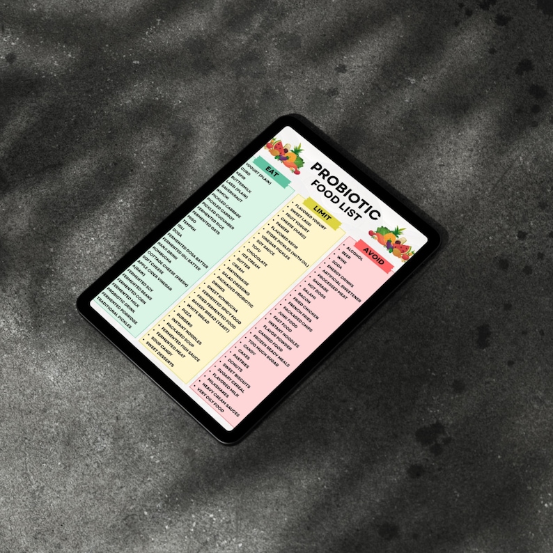 K&ouml;nnte beinhalten: Ein digitales Tablet zeigt eine "Probiotische Lebensmittelliste" mit den Abschnitten "Essen", "Einschr&auml;nken" und "Vermeiden". Die Liste enth&auml;lt verschiedene Lebensmittel, mit farbenfrohen Grafiken von Obst und Gem&uuml;se. Das Tablet hat einen schwarzen Rahmen und liegt auf einem dunkelgrauen Hintergrund.