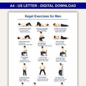 Puede incluir: Una impresión de descarga digital titulada "Ejercicios de Kegel para hombres" en papel A4. La impresión presenta ilustraciones que demuestran varios ejercicios de Kegel, incluyendo posiciones acostadas, sentadas y de pie. Las instrucciones de texto acompañan cada ejercicio.