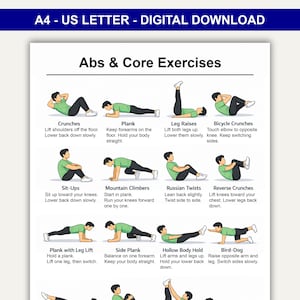 Puede incluir: Una impresión de descarga digital titulada "Abs & Core Exercises" con instrucciones ilustradas para varios ejercicios, incluyendo abdominales, planchas, elevaciones de piernas y abdominales de bicicleta. La impresión está diseñada para tamaños A4 y US Letter.