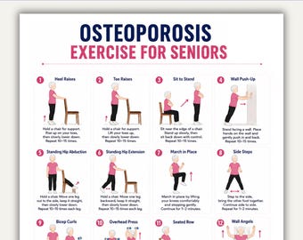 Osteoporosis Exercise for Seniors Printable PDF, 16 Safe Bone Health Exercises, Senior Strength & Balance Chart, Physical Therapy Guide