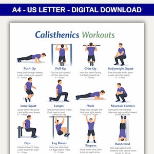 May include: A digital download workout guide titled "Calisthenics Workouts" in blue and white. The guide illustrates various exercises, including push-ups, pull-ups, squats, lunges, and handstands, with instructions and rep counts.