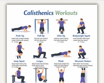 Calisthenics Workout Chart Printable, No Equipment Home Gym Exercise Guide, Fitness Wall Art PDF, Exercises PDF
