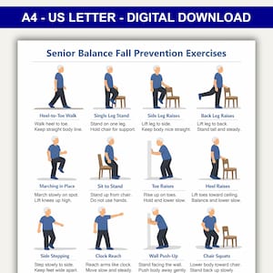 May include: A digital download titled "Senior Balance Fall Prevention Exercises" in a US Letter format. The image displays illustrated exercises, including heel-to-toe walk, single leg stand, side leg raises, and more, designed to improve balance.