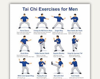 Druckbare Tai Chi Übungen für Männer, Tai Chi Workout Chart, Tai Chi Workout Chart, Tai Chi Yoga Poster, Tai Chi Chart, Home Workout Plan