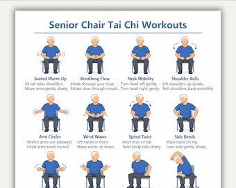 Printable Senior Chair Tai Chi Workout Chart, Chair Tai Chi Pdf, Printable Tai Chi Exercises for Seniors, Tai Chi Poster, Chair Exercise Pdf