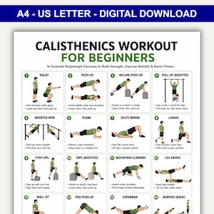 Tabela de exercícios de calistenia para iniciantes para imprimir, com 16 exercícios de peso corporal em PDF, pôster de calistenia para academia em casa, download instantâneo.
