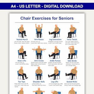 May include: A digital download print titled "Chair Exercises for Seniors." The print features illustrations of exercises like seated march, arm raises, leg extensions, and torso twists. Each exercise is demonstrated with a stick figure and includes instructions.