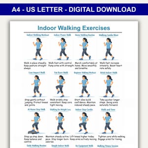 Puede incluir: Una impresión de descarga digital titulada "Ejercicios de marcha en interiores" en papel A4. La impresión presenta ilustraciones de varias rutinas de marcha, incluyendo Indoor Walking Workout, con instrucciones.