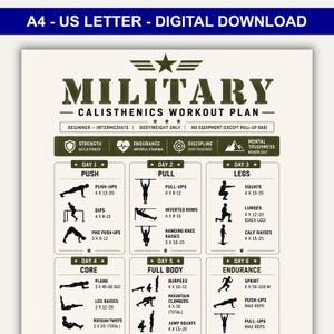 Plan de entrenamiento de calistenia militar en PDF imprimible, programa de entrenamiento con peso corporal de 7 días, tabla de ejercicios sin equipo, guía de entrenamiento en casa.