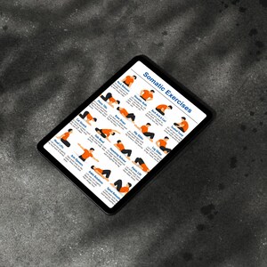 May include: A black tablet displaying a guide to "Somatic Exercises." The guide features illustrations of various exercises, including "Neck Releases," "Knee Drops," and "Leg Slides." The tablet is set against a dark gray, textured background.
