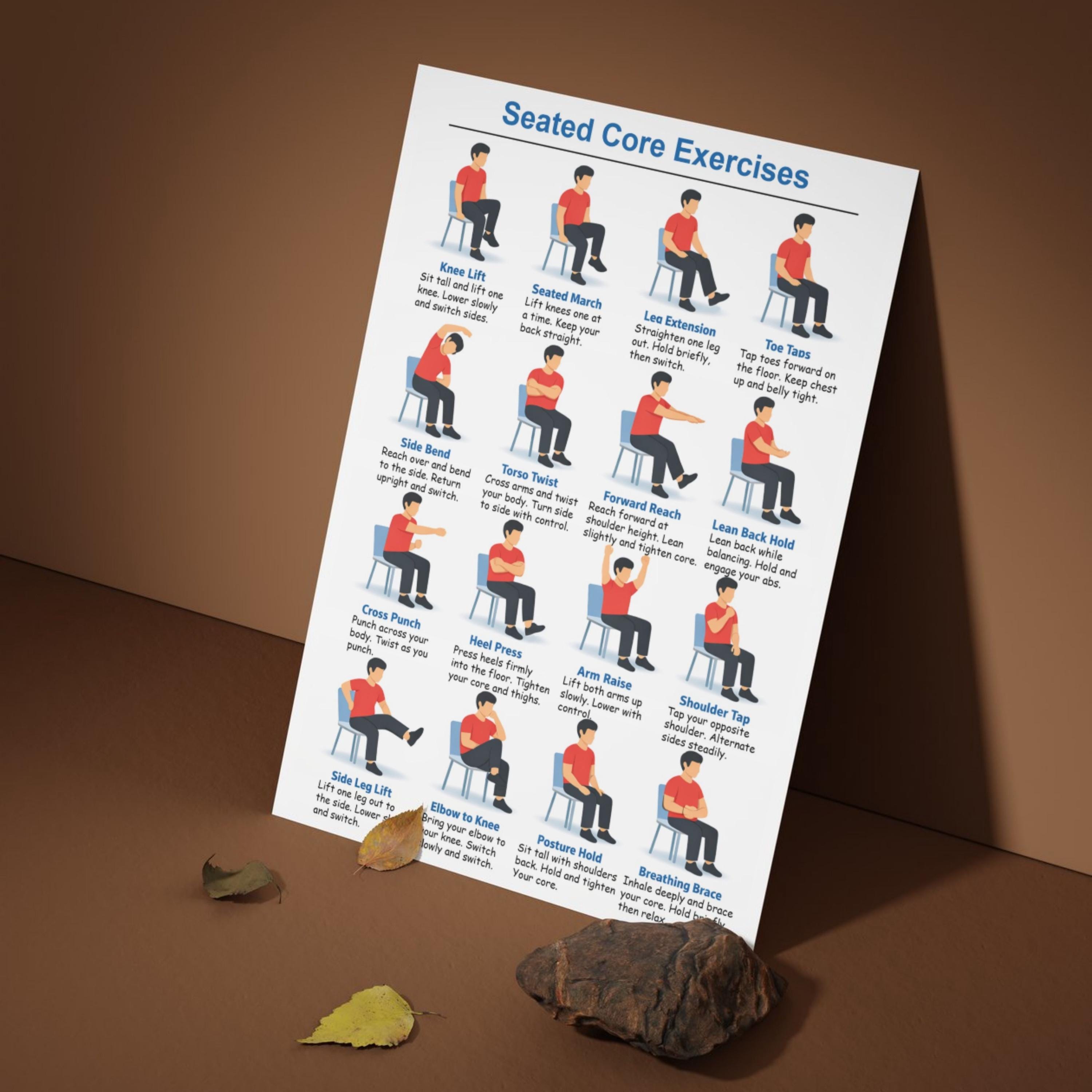 Seated Core Exercises Chart, Chair Core Exercises Poster, Core Workout ...