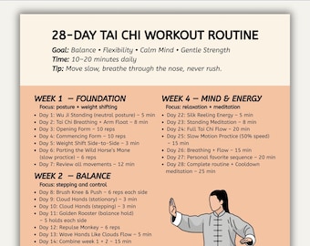Printable 28 Day Tai Chi Workout Routine, Tai Chi Workout Chart, Tai Chi Poster, Printable Tai Chi Exercise Chart, at Home Workout Plan Pdf