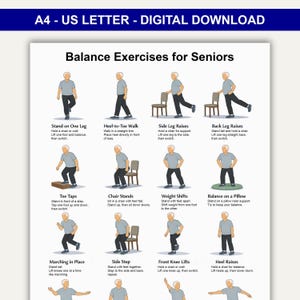 Pode incluir: Uma impressão digital para download intitulada "Exercícios de Equilíbrio para Idosos" em papel A4. A impressão apresenta ilustrações de vários exercícios de equilíbrio, incluindo caminhada calcanhar-dedo.