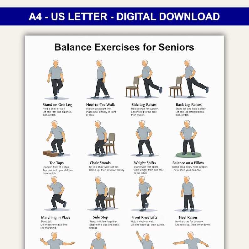May include: A digital download print titled "Balance Exercises for Seniors" on US Letter paper. The print features illustrations of various balance exercises, including heel-to-toe walks and side leg raises, designed for senior fitness.