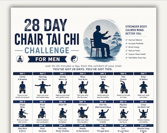 28 Day Chair Tai Chi Challenge for Men Printable PDF, Senior Exercise Chart, Seated Tai Chi Routine, Balance & Flexibility Workout