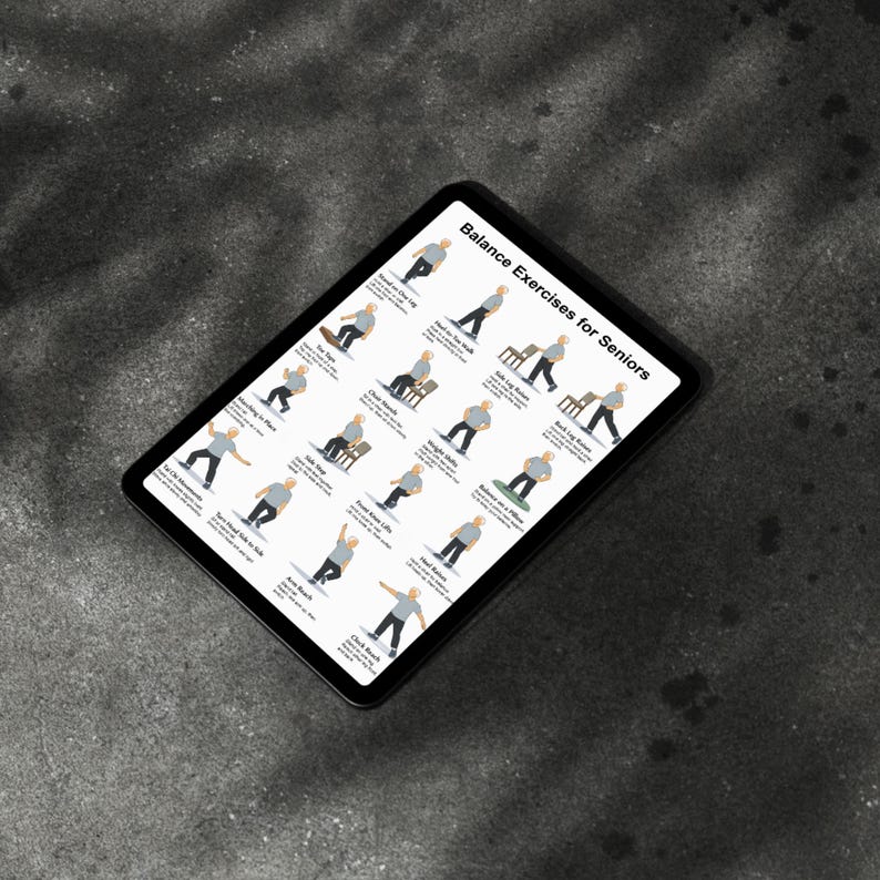 May include: A black tablet displays "Balance Exercises for Seniors" with illustrations of various balance exercises. The exercises include standing on one leg, chair stands, and heel raises. The tablet is angled on a dark gray surface.