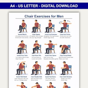 Puede incluir: Una impresión de descarga digital titulada "Chair Exercises for Men" en tamaño A4. La impresión presenta ejercicios ilustrados, incluyendo sentadillas sentado, extensiones de piernas, círculos de brazos, giros de torso, elevaciones de rodillas, abridores de pecho, flexiones hacia adelante, flexiones laterales, rotaciones de hombros, elevaciones de talones y rotaciones de tobillos.