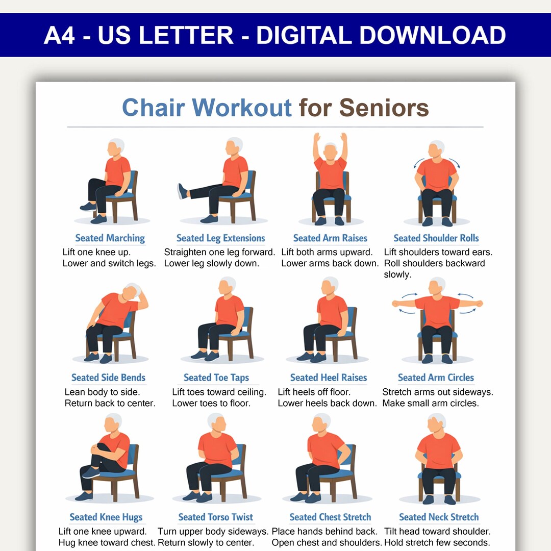 Chair Workout for Senior Men, PDF Printable Chair Workout Chart, Chair