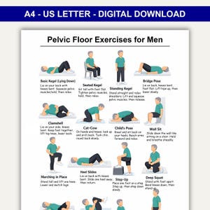 Pode incluir: Um download digital intitulado "Exercícios para o Assoalho Pélvico para Homens" no tamanho A4 US Letter. A imagem exibe poses de exercícios ilustradas, incluindo Basic Kegel, Seated Kegel, Bridge Pose, Clamshell, Cat-Cow, Child's Pose, Wall Sit, Marching in Place, Heel Slides, Step-Up e Deep Squat.