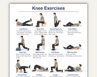 Knee Exercises Chart, Knee Friendly Exercises Poster, Printable Exercise Charts, Senior Workout Routines, Home Workout Plan Pdf