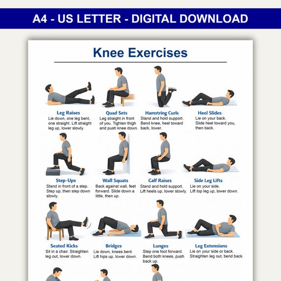 Knee Exercises Chart, Knee Friendly Exercises Poster, Printable Exercise Charts, Senior Workout Routines, Home Workout Plan Pdf