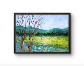 Frühling Landschaft Ölgemälde: Grüne Bäume, Natur Landschaft Ansicht