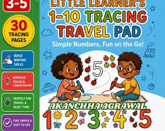 Puede incluir: Un libro de actividades educativo azul titulado Little Learner's 1-10 Tracing Travel Pad. La portada muestra a dos niños trazando números, rodeados de ilustraciones de mariquitas, manzanas y vehículos. Incluye 30 páginas para edades de 3 a 5 años.