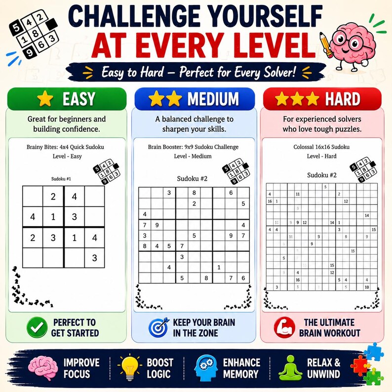 Op de afbeelding: Een kleurrijke afbeelding die Sudoku-puzzels promoot, met moeilijkheidsgraden van gemakkelijk tot moeilijk. De afbeelding bevat voorbeelden van puzzels, tekst en pictogrammen die hersentraining en ontspanning suggereren. De tekst luidt "Challenge Yourself at Every Level."