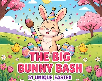Puede incluir: Una ilustración de dibujos animados de un conejo color canela con un gorro de fiesta y un pincel, rodeado de huevos de Pascua coloridos, pollitos amarillos y flores rosas. El texto dice THE BIG BUNNY BASH 51 UNIQUE EASTER ILLUSTRATIONS.