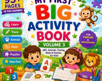 Puede incluir: Portada de un libro de actividades infantiles titulado "My First Big Activity Book Volume 3". La ilustración presenta niños, animales y actividades educativas. El libro incluye ABC, animales, trazos, matemáticas y rompecabezas para niños pequeños.