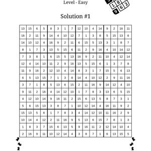 Op de afbeelding: De oplossing van een enorm 16x16 Sudoku-puzzel, aangeduid als "Oplossing #1", wordt weergegeven. Het raster is gevuld met getallen van 1 tot en met 16, gerangschikt in rijen en kolommen. De puzzel is gemarkeerd als "Niveau - Gemakkelijk".