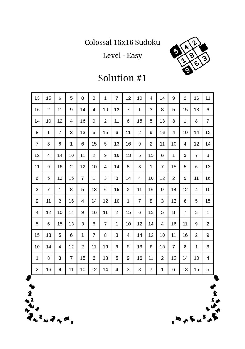 Op de afbeelding: De oplossing van een enorm 16x16 Sudoku-puzzel, aangeduid als "Oplossing #1", wordt weergegeven. Het raster is gevuld met getallen van 1 tot en met 16, gerangschikt in rijen en kolommen. De puzzel is gemarkeerd als "Niveau - Gemakkelijk".