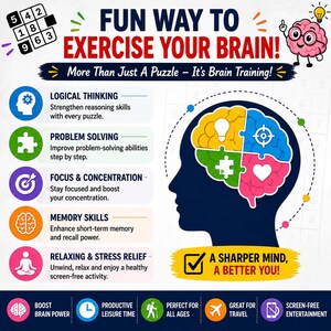 Op de afbeelding: Infographic met de tekst "FUN WAY TO EXERCISE YOUR BRAIN!" en "A SHARPER MIND, A BETTER YOU!". Het benadrukt voordelen zoals logisch denken en geheugenvaardigheden. Een Sudoku-puzzel staat linksboven.