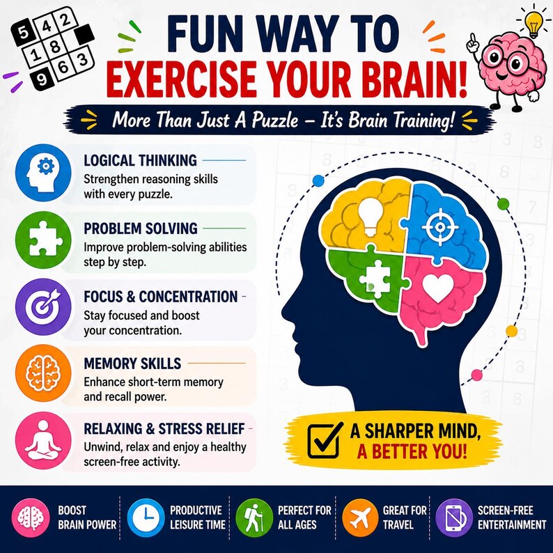 Op de afbeelding: Infographic met de tekst "FUN WAY TO EXERCISE YOUR BRAIN!" en "A SHARPER MIND, A BETTER YOU!". Het benadrukt voordelen zoals logisch denken en geheugenvaardigheden. Een Sudoku-puzzel staat linksboven.
