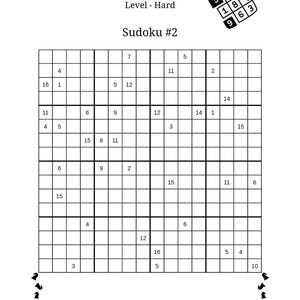 Op de afbeelding: Een zwart-wit Sudoku-puzzel met de tekst "Colossal 16x16 Sudoku" en "Level - Hard". Het puzzelrooster is gevuld met getallen en de tekst "Sudoku #2" wordt weergegeven. Een kleine afbeelding van een opgeloste Sudoku staat in de rechterbovenhoek.