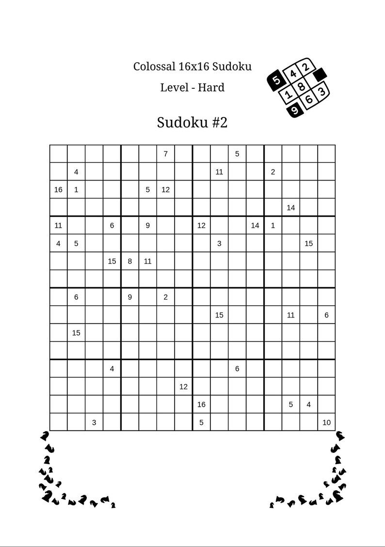 Op de afbeelding: Een zwart-wit Sudoku-puzzel met de tekst "Colossal 16x16 Sudoku" en "Level - Hard". Het puzzelrooster is gevuld met getallen en de tekst "Sudoku #2" wordt weergegeven. Een kleine afbeelding van een opgeloste Sudoku staat in de rechterbovenhoek.