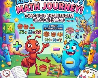 Puede incluir: Un gráfico digital colorido para "Addy & Subtracto's Math Journey!" con personajes de dibujos animados, problemas matemáticos y el texto "Two-Digit Challenges!" y "Instant Digital Download."