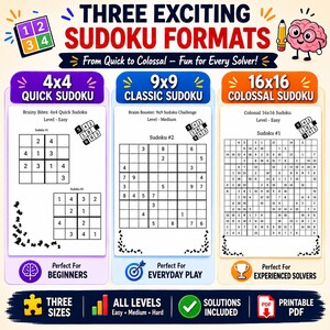 Op de afbeelding: Een afbeelding met drie Sudoku-formaten: 4x4, 9x9 en 16x16. Elk formaat wordt gepresenteerd met een voorbeeldpuzzel en moeilijkheidsgraad. De afbeelding bevat de tekst "Three Exciting Sudoku Formats" en "Solutions Included."